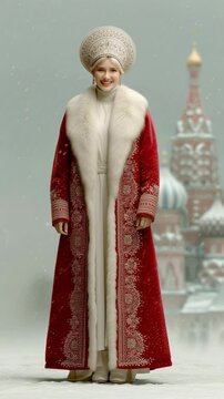 Russian Snow Maiden: A beautiful snow maiden in traditional red coat and hat in the winter season.
