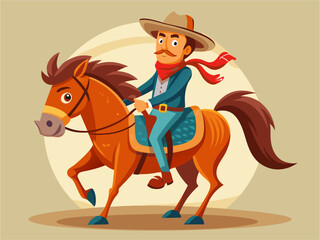 Vintage style cowboy character with large hat and boots riding horse in wild west scene