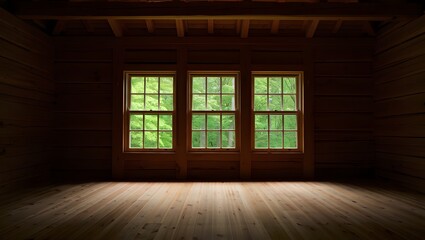 Fototapeta premium Empty room with three windows. The sunlight streams through the windows, illuminating the wooden floor