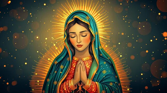 Virgin of Guadalupe, illustration on a beige background, December 12 at the Basilica of Guadalupe