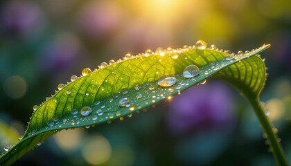 Dewdrops shimmer on a vibrant green leaf, catching the morning sunlight in a peaceful garden setting, with flowers softly blurred in the background
