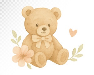 Watercolor illustration of cute brown teddy bear with pastel flowers and hearts, perfect for baby shower invitations, nursery prints, and greeting cards. Vector illustration.