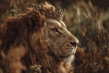 Majestic lion with a golden crown regal in the savannah during golden hour, embodying the spirit of royalty and strength in nature's wilderness
