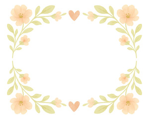 Watercolor floral wreath with pastel yellow and peach flowers, green leaves, and small hearts, ideal for baby shower, nursery decor, greeting cards, and celebration design. Vector illustration.