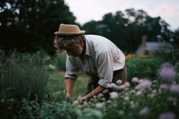 Middle-aged man tending plants in a flourishing rural garden, wearing a straw hat and beige shirt during peaceful evening.