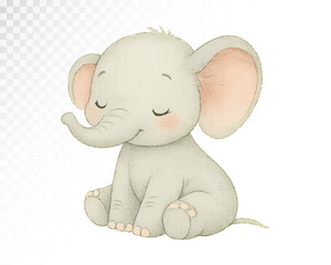 Watercolor illustration of cute baby elephant sitting with closed eyes in soft pastel colors, perfect for baby shower invitations, nursery wall art, and greeting cards. Vector illustration.