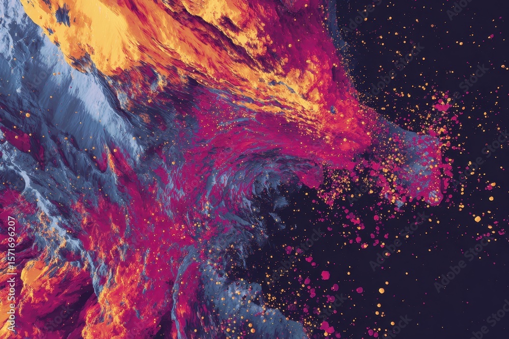 Poster futuristic abstract composition featuring vibrant colors and dynamic forms swirling in an energetic 