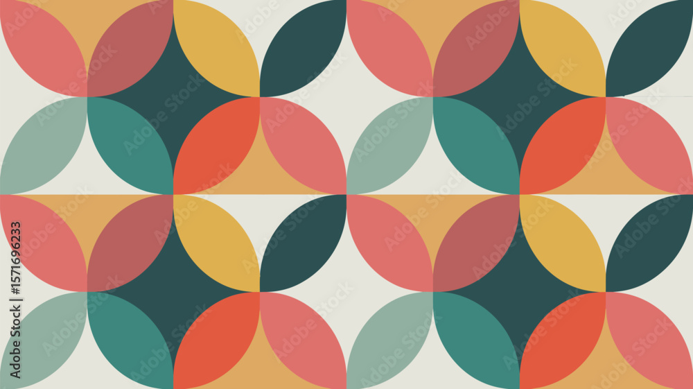 Poster geometric pattern with overlapping colorful circles forming a square design repeat