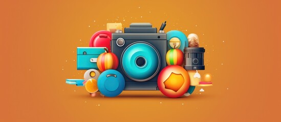 Colorful toys featuring a digital camera, music notes, and a music player, alongside a wooden toy train and car, evoke a vibrant sense of childhood play