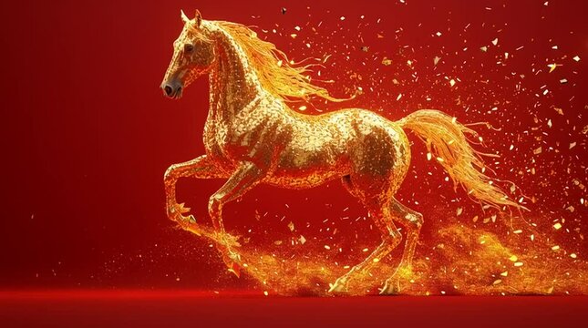 Simple stroke of golden horse illustration silhouette on red background, of Chinese new year, year of the horse