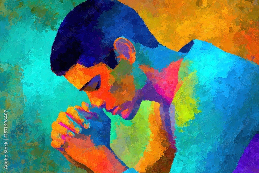 Poster colorful abstract painting depicting a man in a contemplative pose with vibrant hues creating an emo
