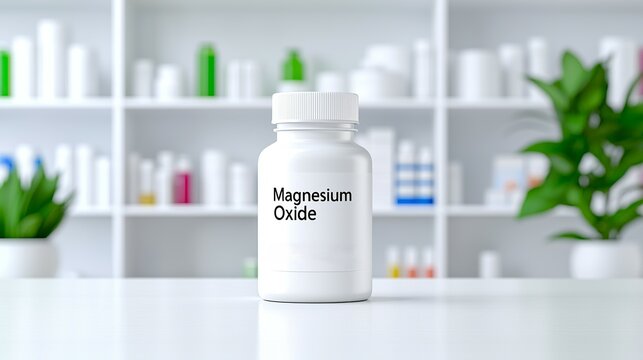A white bottle labeled 'Magnesium Oxide' sits on a clean surface with blurred background elements, portraying a health-focused theme.