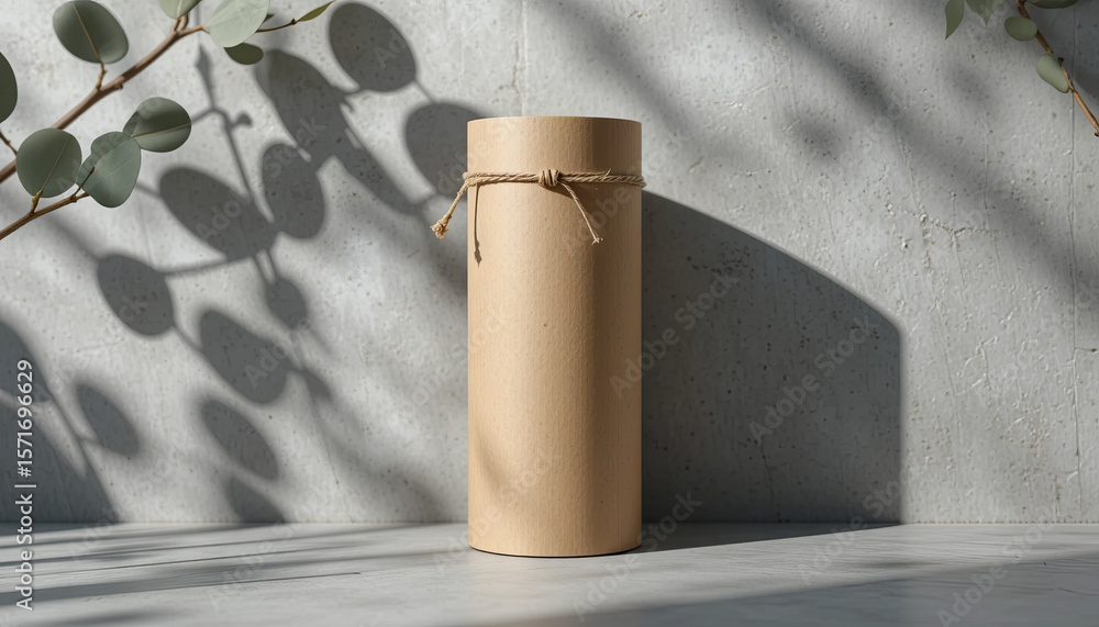 Aufkleber a brown cylindrical container tied with twine is placed on a smooth gray surface, with soft shadows 