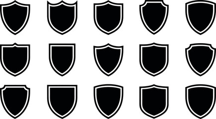 Vector shield icons:  black, white border, various styles, security concept.
