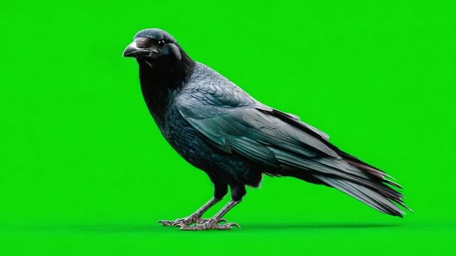 Black Crow on Green Screen: A majestic black crow stands poised against a vibrant green screen, offering a versatile image perfect for compositing and visual effects.