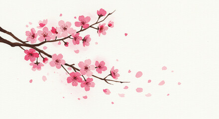 Cherry blossom branch in watercolor with petals blowing in the wind and light pink tones in minimal Japanese style