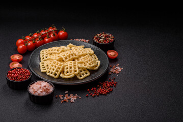 Lattice or wafer potato chips, crispy yellow snacks, takeaway food
