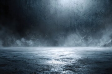 Abstract view of a dark room with a concrete floor illuminated by dim light creating a mysterious atmosphere and enhancing the sense of depth and space present in urban environments