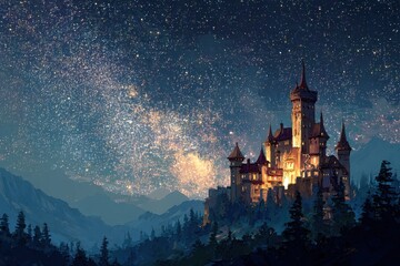Fototapeta premium Magical castle illuminated at night under a dazzling starry sky with a backdrop of mountains and forests in a fantasy landscape