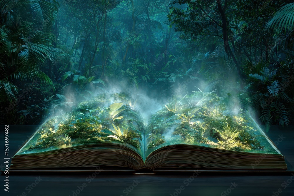 Poster tropical forest jungle emerging from an open book with lush greenery and enchanting mist illuminatin