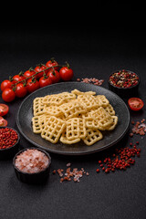 Lattice or wafer potato chips, crispy yellow snacks, takeaway food