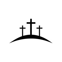 Minimalist vector logo of three crosses on a hill, representing the crucifixion scene on Calvary and Christian salvation symbolism.
