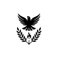 Obraz premium Minimalist emblem of a rising dove above flame and wheat, representing peace, the Holy Spirit, and spiritual harvest. 