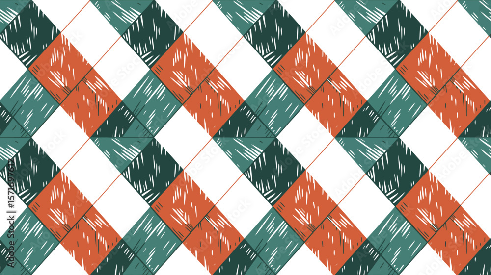 Poster A diagonal pattern of orange green and white squares with line hatch texture fill