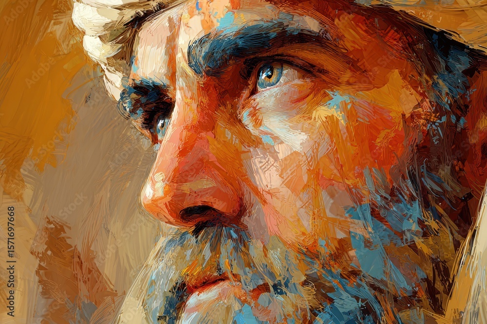 Poster colorful portrait of joseph, showcasing intricate details of expression and texture, capturing the e