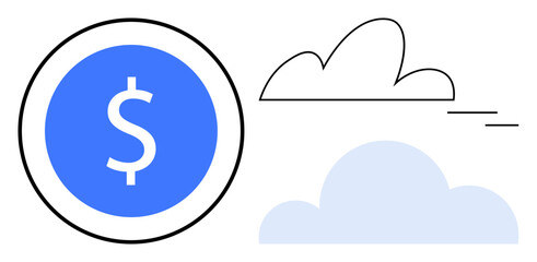 Dollar sign inside a blue coin and minimalistic clouds convey financial technology, cloud storage, and digital economy. Ideal for finance, technology, innovation, growth, investment, economy simple