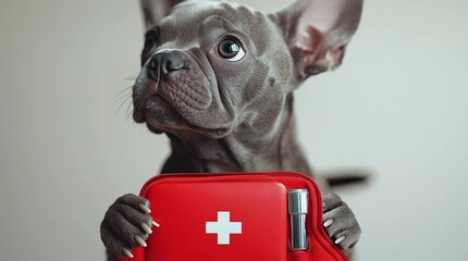 A cute dog holding a first aid kit. Concept of medical care for pets and companion animals - Powered by Adobe