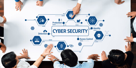 Explore essential aspects of cyber security illustrated in a collaborative workspace. Emphasize...