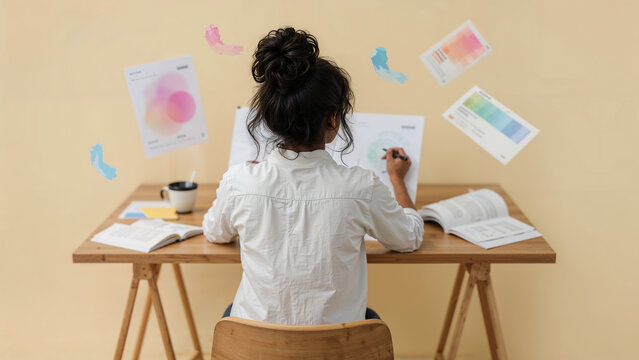 Back view of a young Indian female UX designer sketching wireframes at a cozy desk, surrounded by design tools and abstract UI elements, exuding creativity and professional focus.
