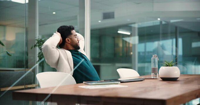 Businessman, accountant or done with laptop in office for project completion or finished task. Man, financial analyst or relax with computer or stretching for break, rest or productivity in workplace