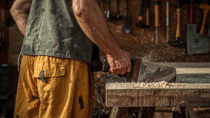 Back view of male carpenter in yellow lungi and vest sawing a wooden plank, with sawdust flying and tools blurred in the background. Warm lighting highlights focus, grit, and craftsmanship.