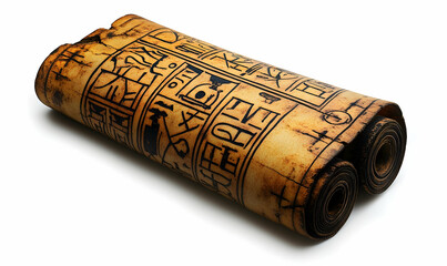 Rolled parchment with intricate glyphs and aged texture, resting on a white surface