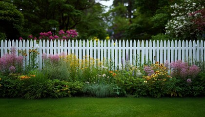 Lush garden blooms vibrantly in front of a classic white picket fence, creating a serene and picturesque outdoor space.