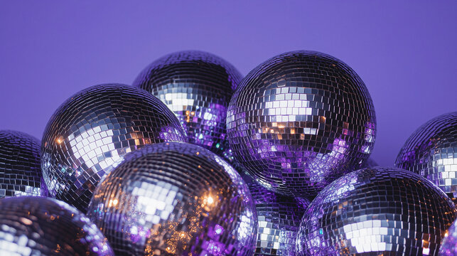 shiny purple disco balls arranged on matte black background
