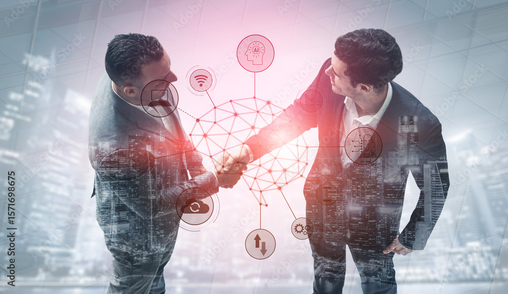 Poster a visual of artificial intelligence network connecting ai, network, and system across a structured d