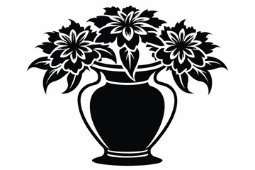 Three Ornamental Flowers in a Decorative Vase, Graphic Black Silhouette Design