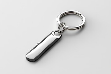 Polished silver keychain with reflective metallic fob lies on bright white surface elegantly