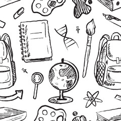 Back to school seamless pattern with backpack, school equipment in black brush stroke texture isolated on white. Hand drawn vector sketch illustration in vintage charcoal ink. Notebook cover design © Nataliya Pokrovska