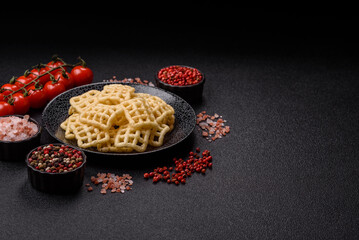 Lattice or wafer potato chips, crispy yellow snacks, takeaway food