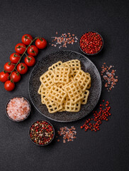 Lattice or wafer potato chips, crispy yellow snacks, takeaway food