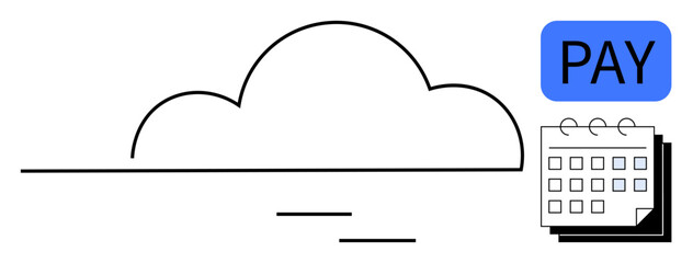 Cloud with lines, payment text in blue, calendar icon. Ideal for finance, payment solutions, scheduling, productivity, cloud computing, business tools simple flat metaphor