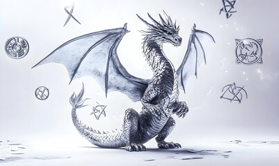 Metallic dragon stands amidst floating arcane symbols, radiating ethereal light, against a white, smoky backdrop