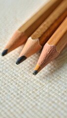 Three sharpened pencils on textured surface, perfect for education, writing, and creative projects. They are ready to be used, highlighting the essentials for study