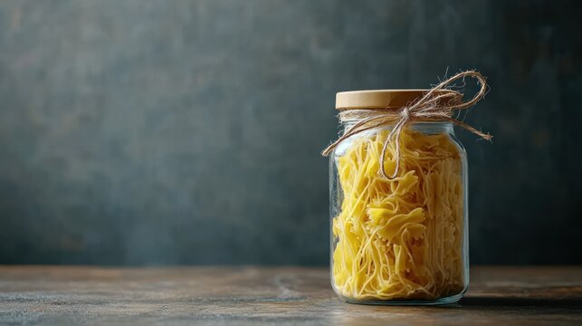 Jar of pasta, yellow, clear glass, rustic