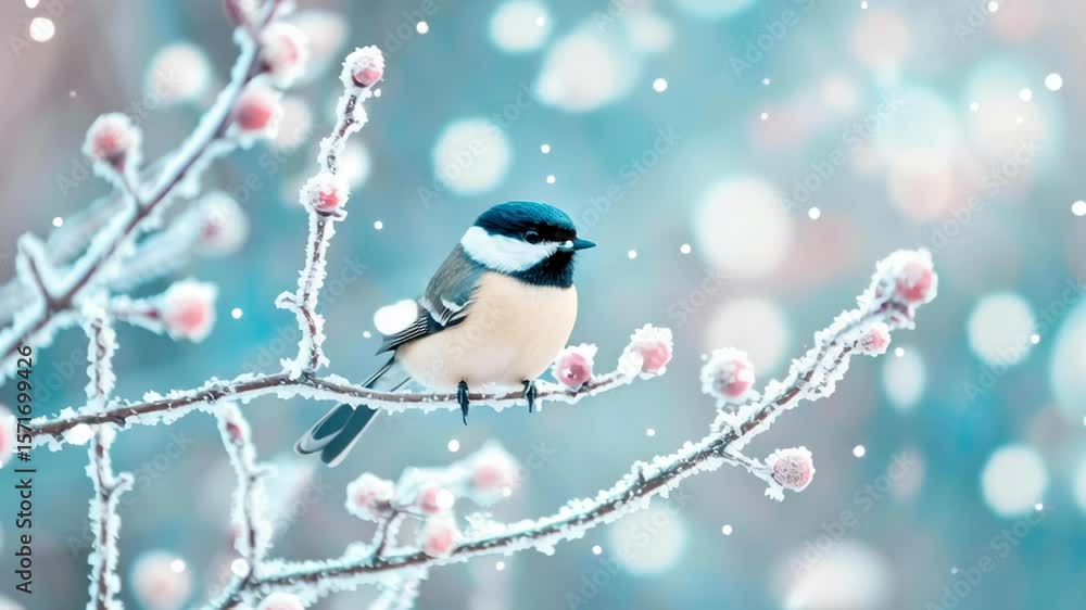 Poster a delightful chickadee sits on a snowy branch adorned with frost and blooming buds, creating a seren