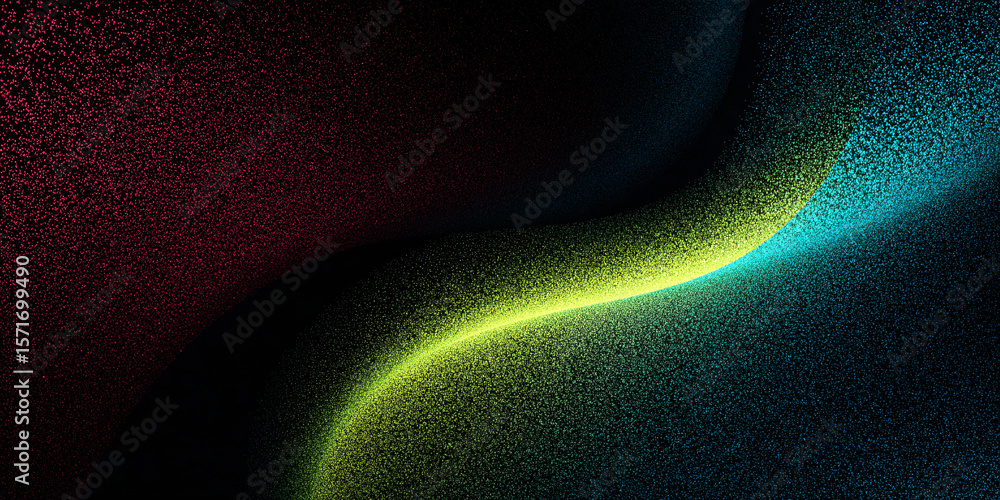 Poster abstract wavy background with green blue and red gradient. black. curved shapes. particles. dots. ba